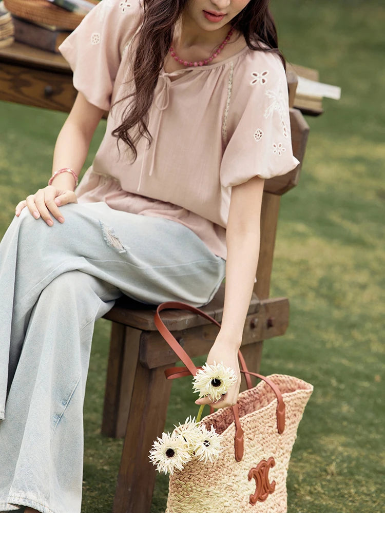 MISHOW French Summer Blouse Women 2025 Short Puff Sleeve Round Neck Solid Hollow Embroidery Shirts Woman Holiday Thin MXE31X1747