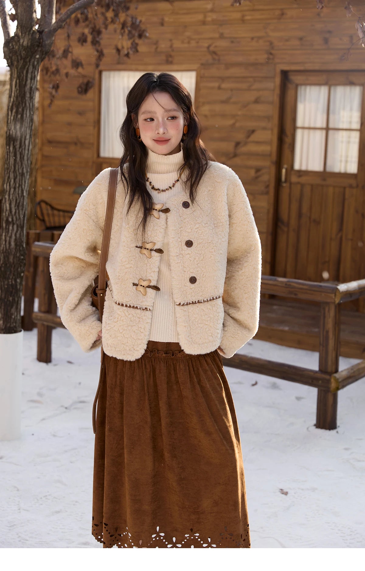 MISHOW Winter Jackets Women 2025 Retro Apricot Imitation Lambswool Coat Commuter Round Neck Single-breasted Jacket MXE51W0874