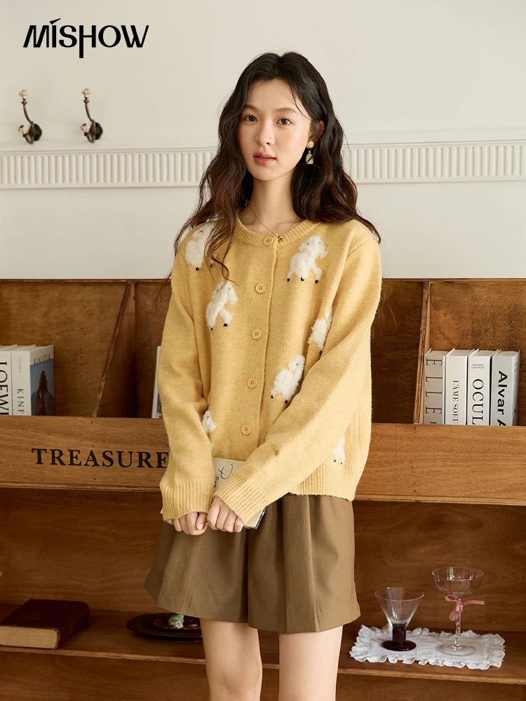 MISHOW Lamb Jacquard Knit Cardigan Women 2025 Autumn New Lambskin Round Neck Single-breasted Commuting Loose Sweater MXE48Z2571