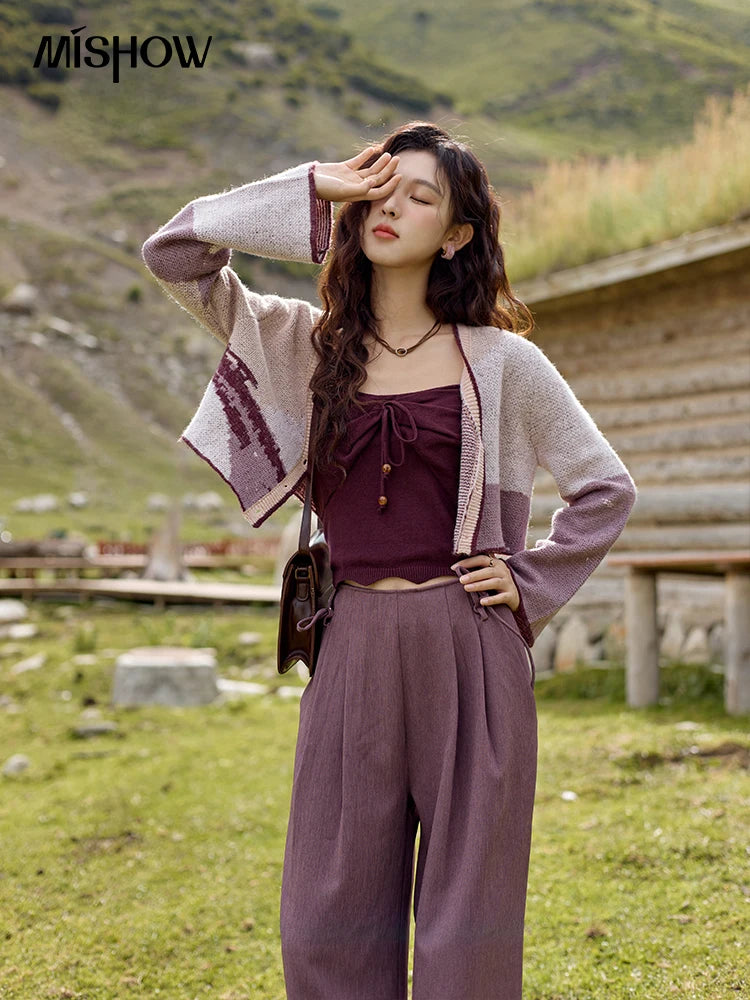 MISHOW Core Spun Purple Suspender Bow Tied Beading Top Solid Sleeveless Wavy Hem Tanks Adjustable Shoulder Strap Tops MXD42D0041