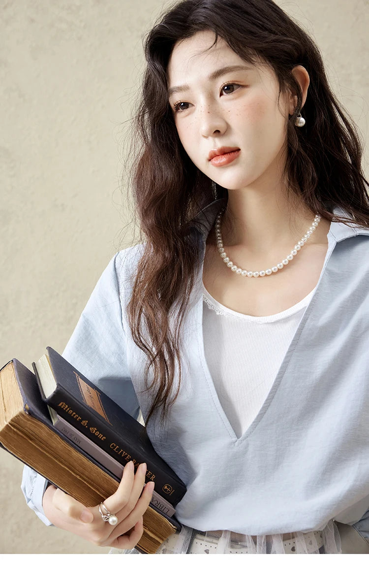 MISHOW French Spring Shirts Women 2025 Long Sleeve Turn-down Collar Fake Two-piece Blouses Female Splicing Lace Tops MXE16C0783