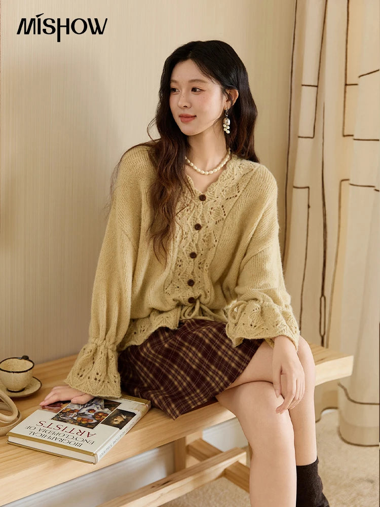 MISHOW Handmade Crochet Sweater Cardigan Autumn Mohair Flare Sleeve Knitted Tops Wave V-neck Lace-up Waist Sweater MXE47Z2513