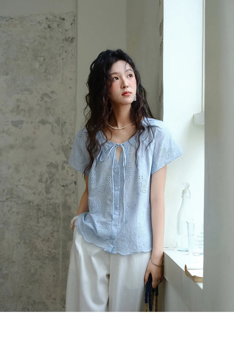 MISHOW Cotton Shirt O-Neck Button Lace Up Hollow Embroidery MXE37X1890