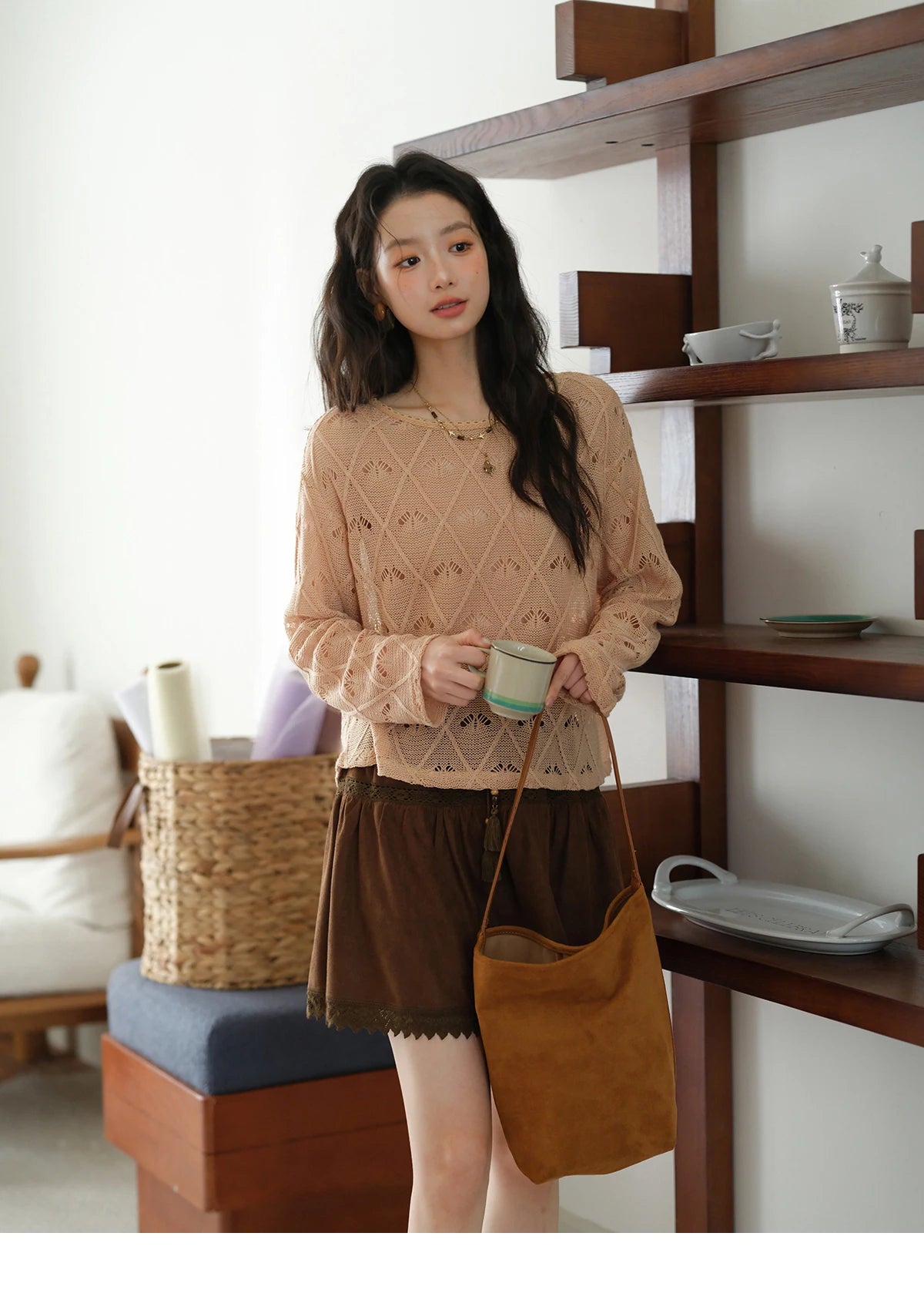 MISHOW Women's Diamond Patterned Knitted Top 2025 Autumn Bohemian Hollowed Out Thin Top Scoop Neck Knitted Sweaters MXE42Z1332