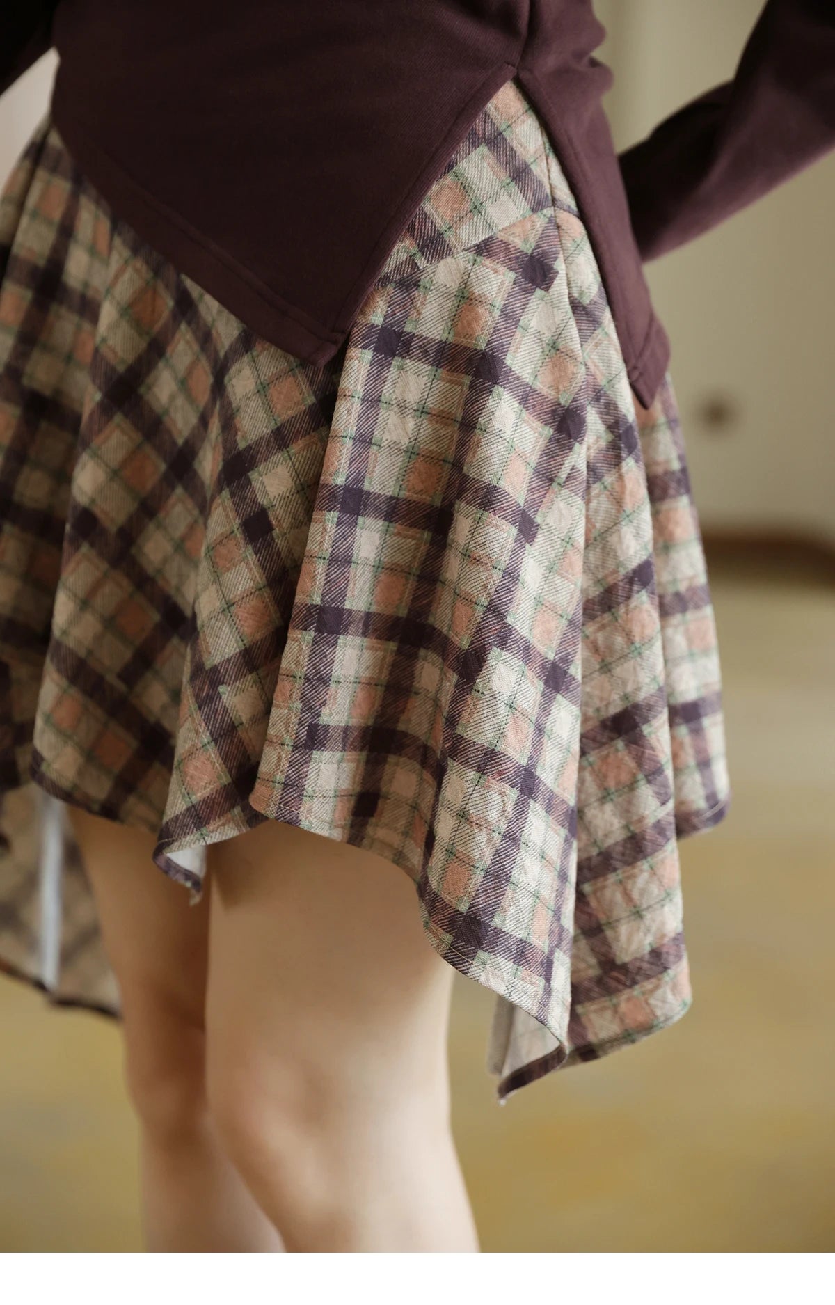 MISHOW Purple Plaid Irregular Skirt for Women Autumn 2025 Linen Blend Invisible Zipper Short Skirt Ruffle Hem Skirts MXE42B2395