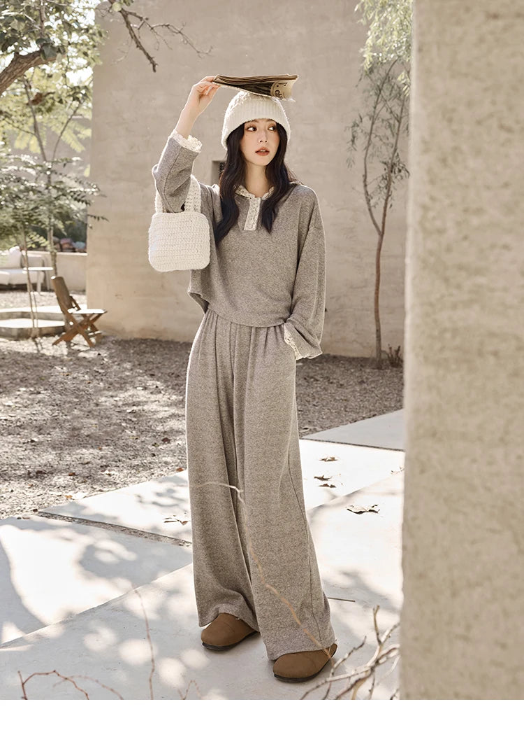 MISHOW Women's Sweatshirt Wide Leg Pants Separately 2025 Fall Winter Lace Splicing Hooded Casual Elastic Waist Pants MXD34V0098