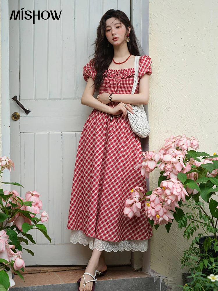 MISHOW Women's Retro Red Plaid Dress 2025 Summer New Square Neck Lace Up Hollow Out Spliced Dresses Women's Clothing MXE39L2324
