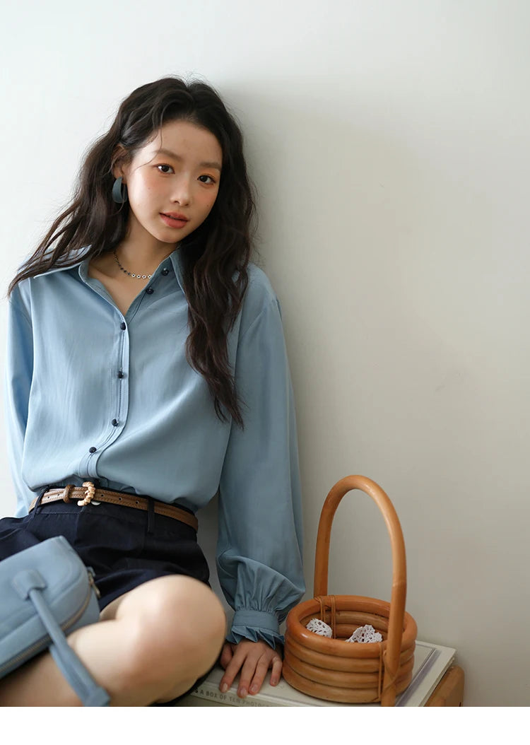 MISHOW Women's Shirts 2025 Autumn Color Blocking Buttons Pleated Cuffs Loose Top Female Solid Lapel Commuting Shirts MXE41C2352