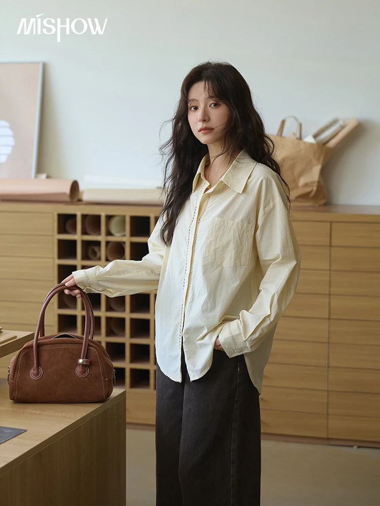 MISHOW 100% Cotton Shirt For Women Autumn 2025 New Fashion Petal Ribbon Button Long Sleeves Shirt Women's Clothing MXE41C2349