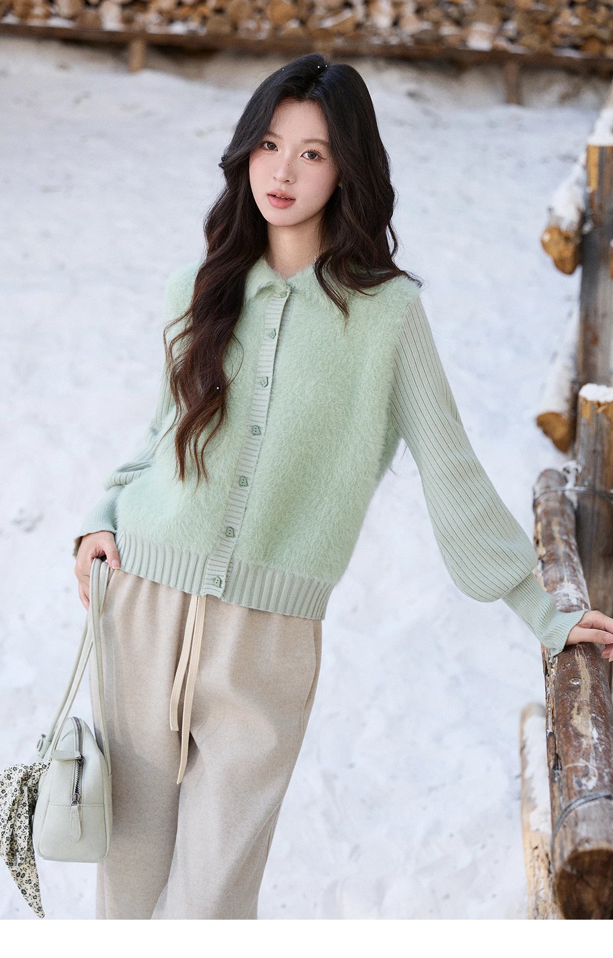 MISHOW Women's Green Faux Mink Fur Patchwork Knitted Cardigan Winter Lapel Warm Soft Knit Top single-breasted sweater MXE86Z2764