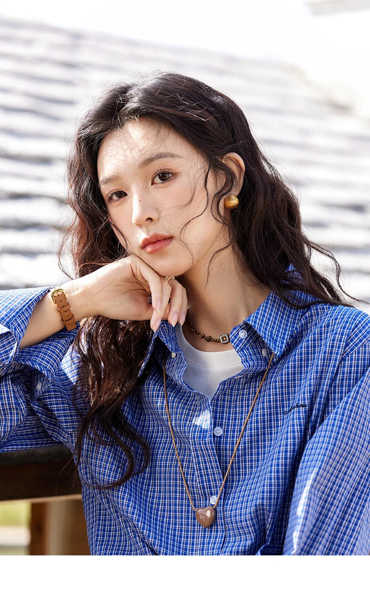 MISHOW Fashion Retro Blue Checkered Shirt Women's Autumn New Loose Casual Lapel Cotton Shirts Long Sleeves Tops Women MXE11C0398