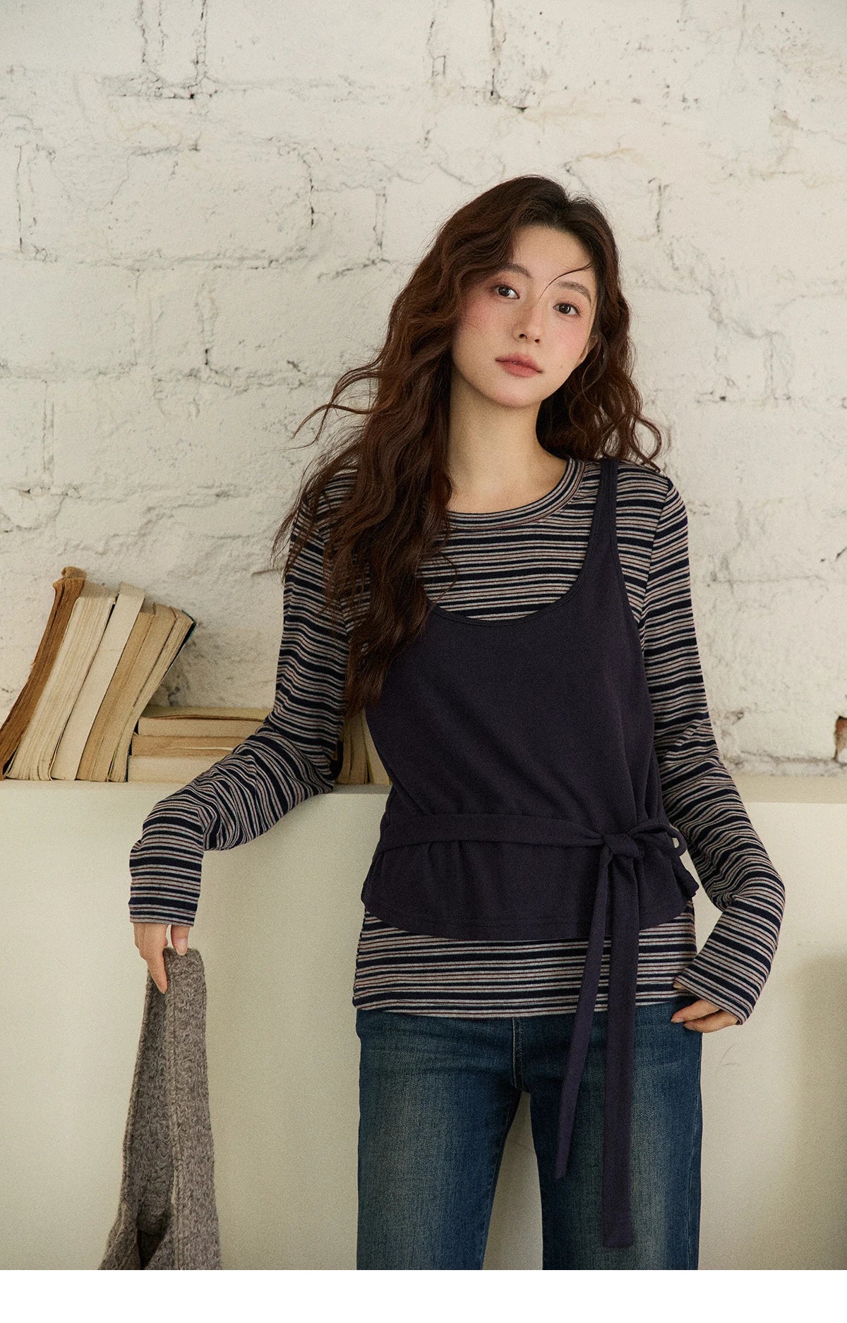 MISHOW Women's Two-Piece Set, 2025 Winter New Retro Casual Round Neck Long Sleeve Striped Top with Tie-Waist Camisole MXE87T1430