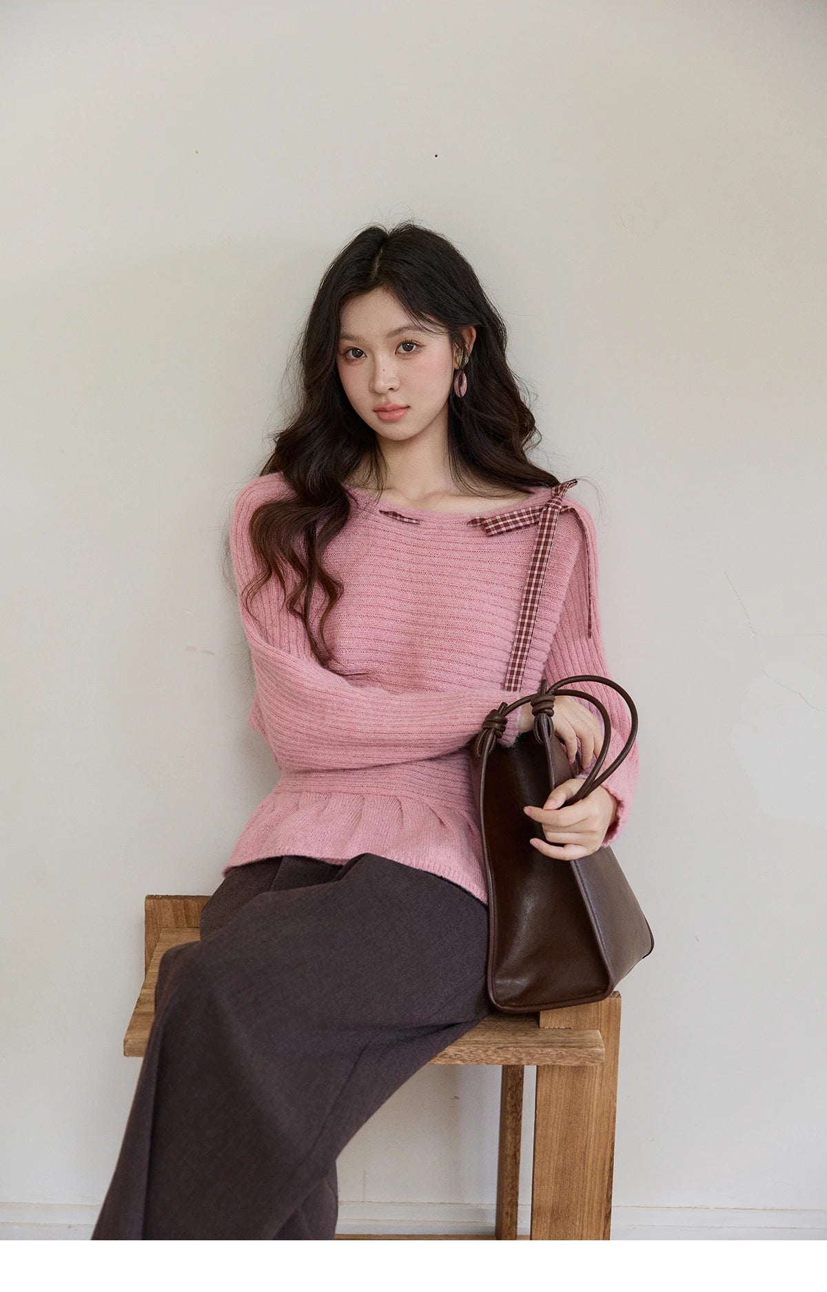 MISHOW Women's Pink Ribbed Knit Sweater 2026 Spring Plaid Bow Decor Peplum Hem Long Sleeve Casual Slim Pullover Tops MXF11Z3016