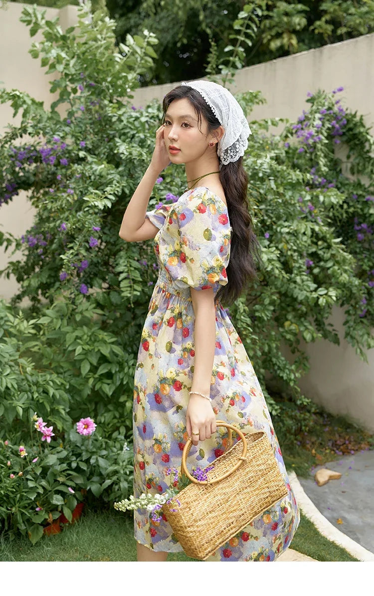 MISHOW Floral Smocked Midi Dresses for Women 2025 Summer Puff Short Sleeve Beach Vacation Beach French Retro Dress MXD24L1905