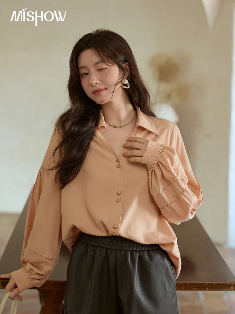 MISHOW Women's Shirt Lantern Sleeve Hollow Out Tops 2025 Autumn Single Breasted Solid Shirts Lapel Shirt Office Lady MXE41C2359