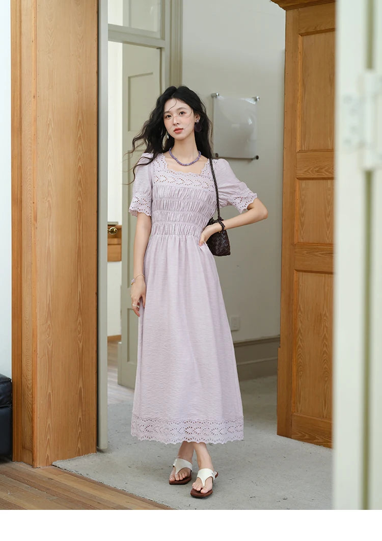 MISHOW Puff Sleeve Dress for Women 2025 Summer New Square Neck Fashion Lace Hollow Purple Dresses Female Clothing MXE39L2406