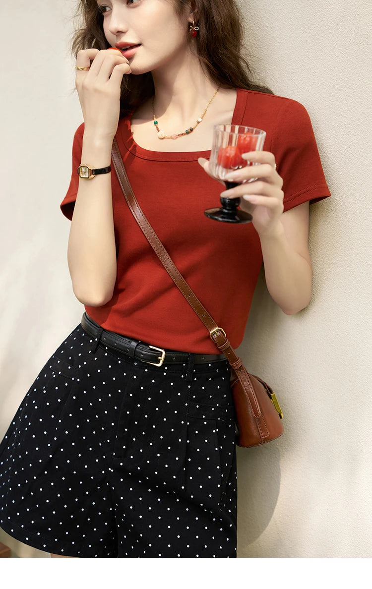 MISHOW Short Sleeve T-shirts Women Spring Solid Square-neck Top Elegant Woman Clothes Office Lady Cotton Tees MXC12T0641