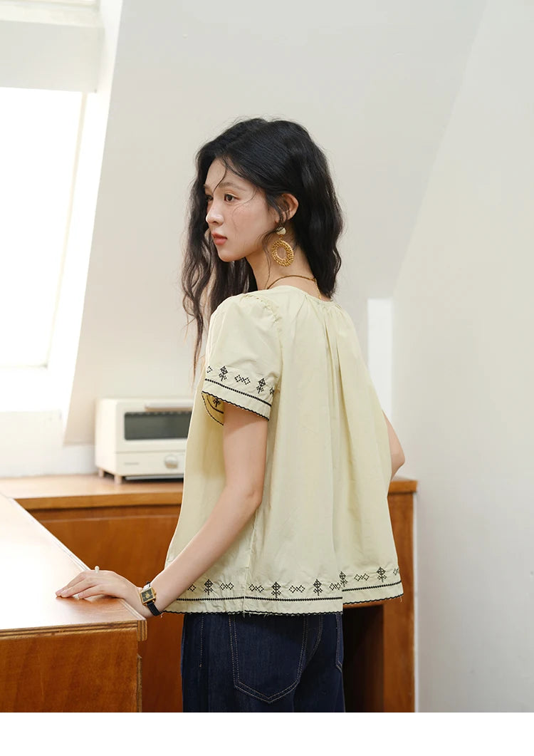 MISHOW Cotton Blouse Round Neck Lace Up Puff Sleeve MXE39X1966