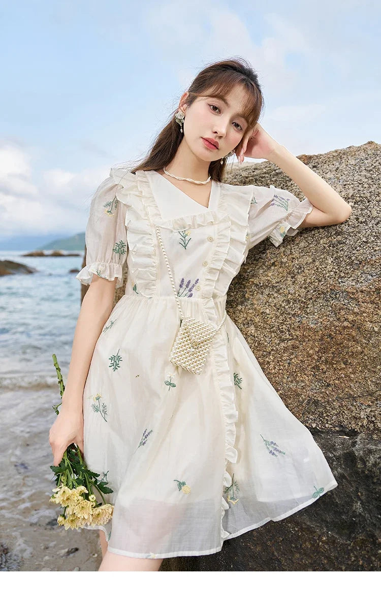MISHOW Elegant Fairycore Embroidery Flower Dresses 2025 Summer A-line Flare Sleeve Ruffles Sweet Knee-Length Dresses MXC38L1518