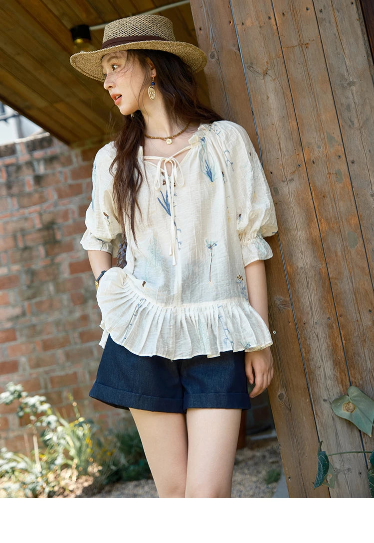 MISHOW Women's V-neck Lace Up Blouse 2025 Summer New Fashion Embroidery Mushroom Edge Commute Top Women's Blouse MXE39X1959