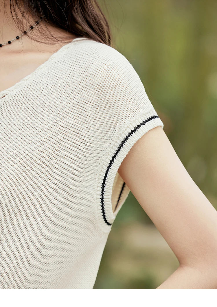 MISHOW Office Lady Summer Knitted Sweater V-neck Short Sleeve Solid Slimming Bead Design Pullover Female Lazy Tops MXE33Z1227