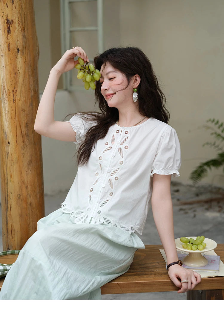 MISHOW 100%Cotton Hollow Embroidery Round Neck Shirt for Women 2025 Summer Puff Sleeve Casual Top Women's Clothing MXE39X1938