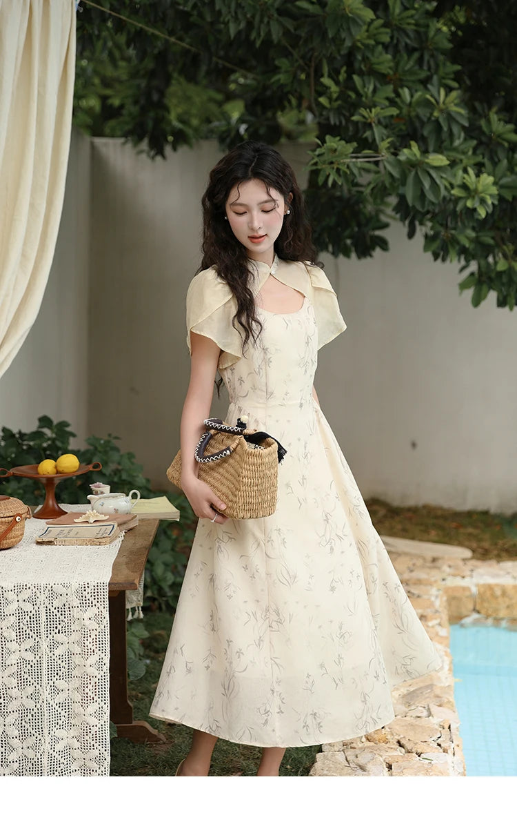 MISHOW Chinese Improved Cheongsam Floral Dress for Women 2024 Summer Hollow Out Fake Two-piece Printed Chiffon Dress MXD23L1799