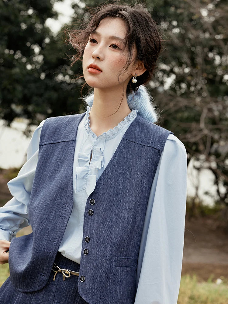 MISHOW Women's V-neck Vest Coat Pleated Skirt Set Spring 2025 Symmetric Fake Pocket Coat A-line Skirts (No with Belt) MXE31T0505