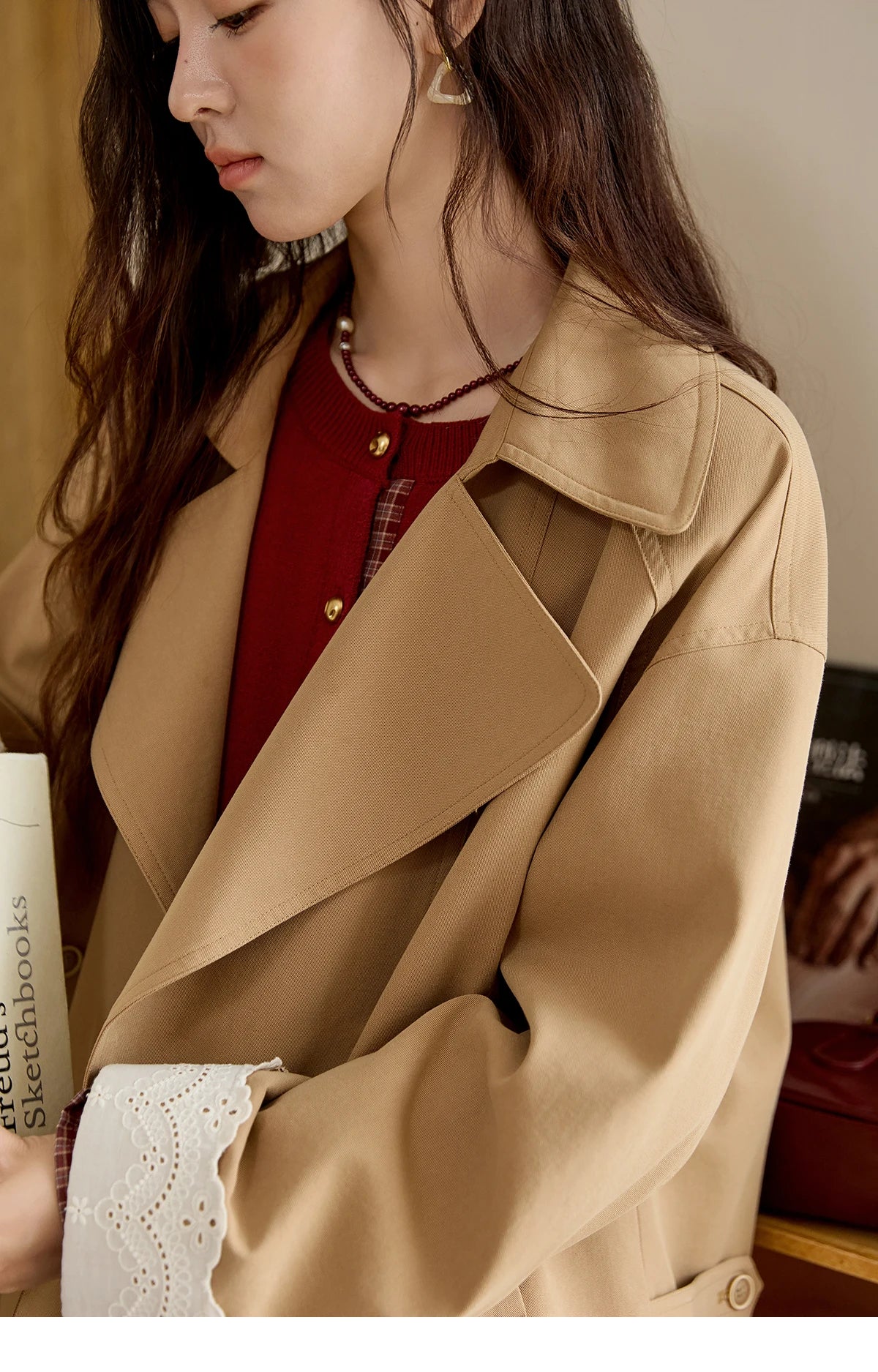 MISHOW Coats for Elegant Women Cotton 2025 Autumn Khaki Ruffled Cuff Splicing Lace Short Trench Coat Casual Jacket MXE45W0831