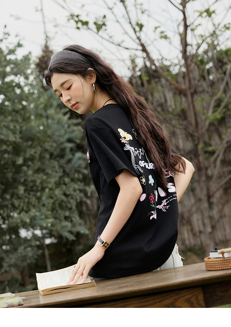 MISHOW Casual Graffiti T-shirt Women Summer 2025 Short Sleeve Round Neck Loose Shirts Female New Fashion Tops Lady MXE15T0475