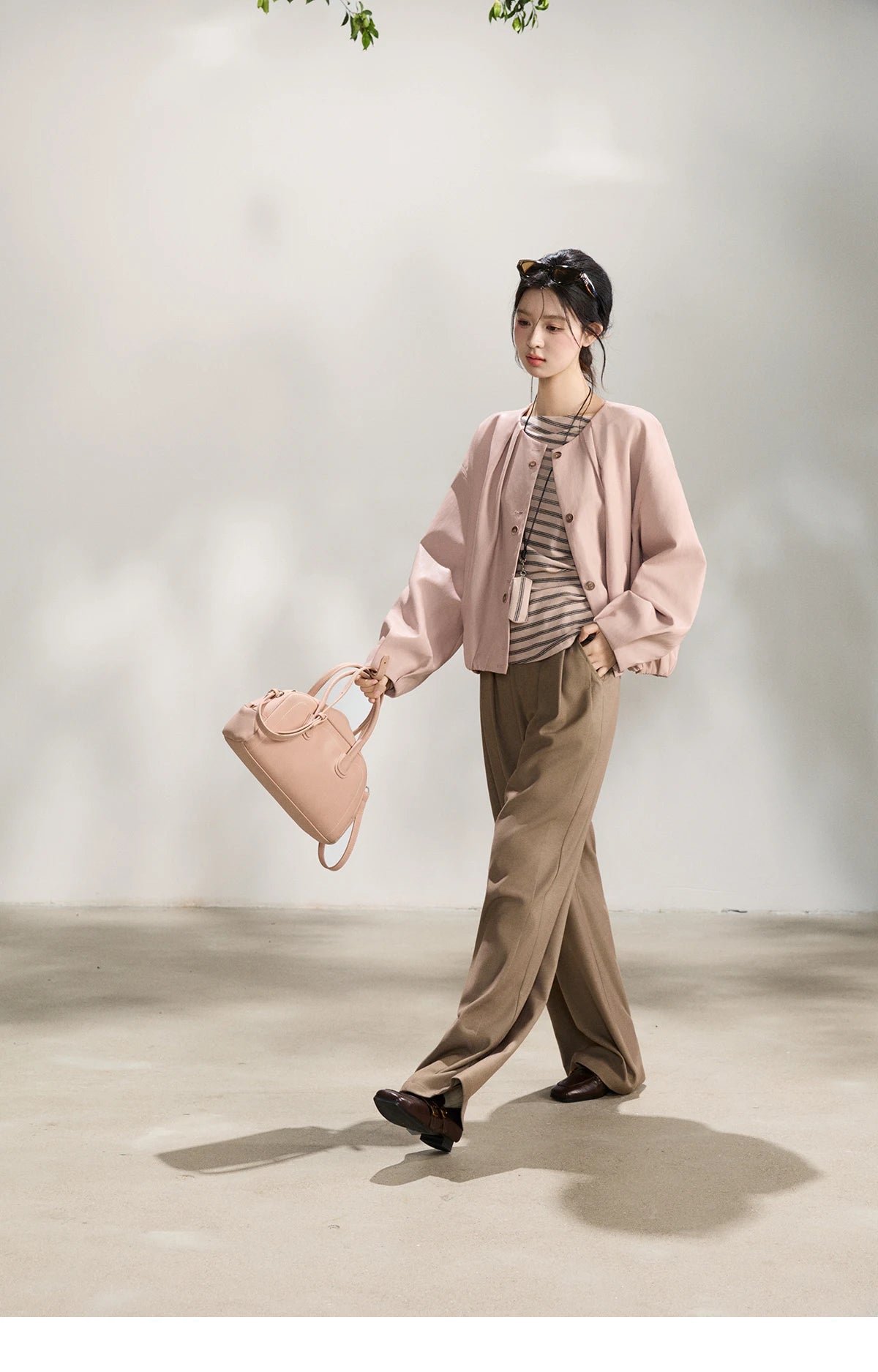 MISHOW Women's Pink Flower Bud Leather Jacket Spring 2026 Crew Neck Single-breasted Coats Casual Loose Cropped Coat MXF108W1001