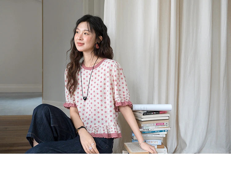 MISHOW Women's Blouse Fashion Pink Polka Dot Short Top 2025 Summer Sweet Puff Sleeve Blouse Casual Female Clothing MXE37X1900