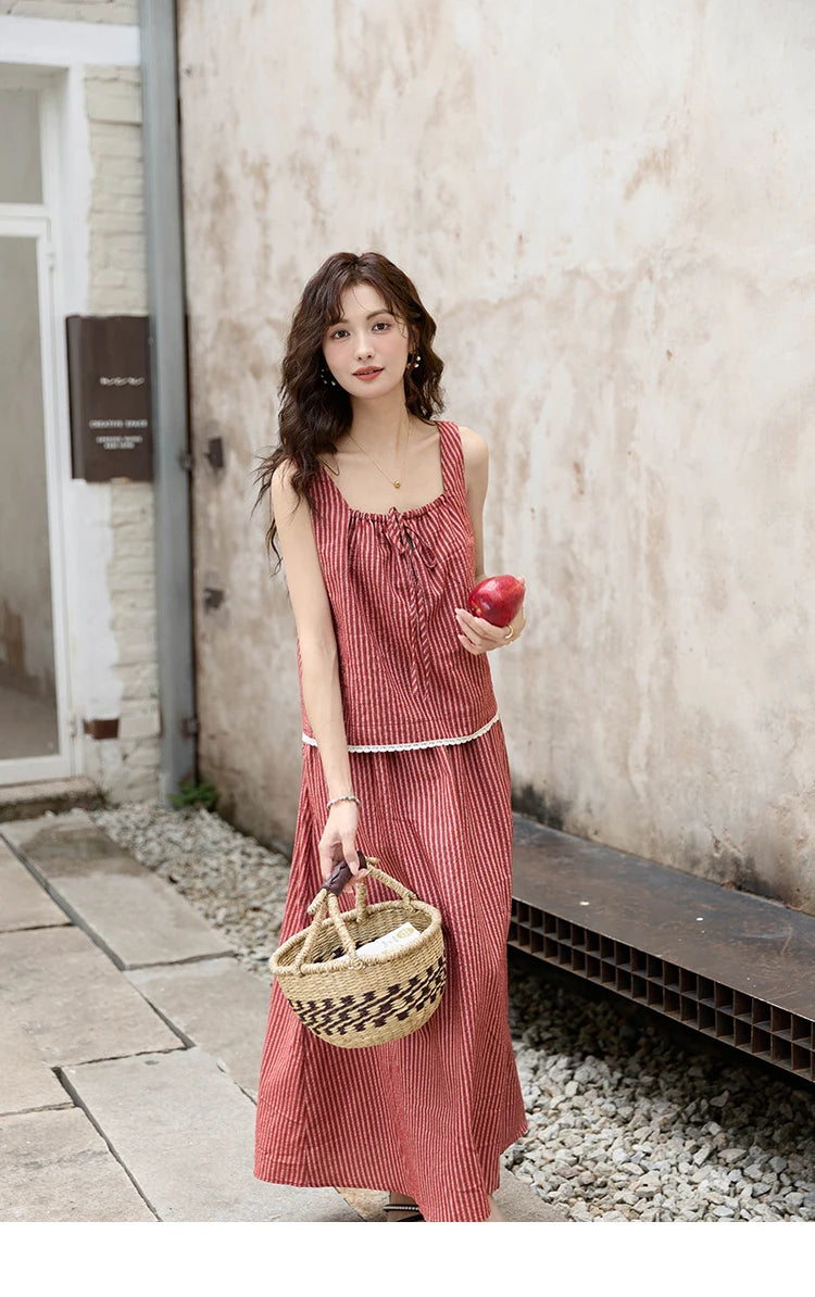 MISHOW French Red Stripe Tank Blouse Elastic Waist Skirt Separately Women 2024 Summer Slim Vacation Strap Waist Skirt MXD30X1631