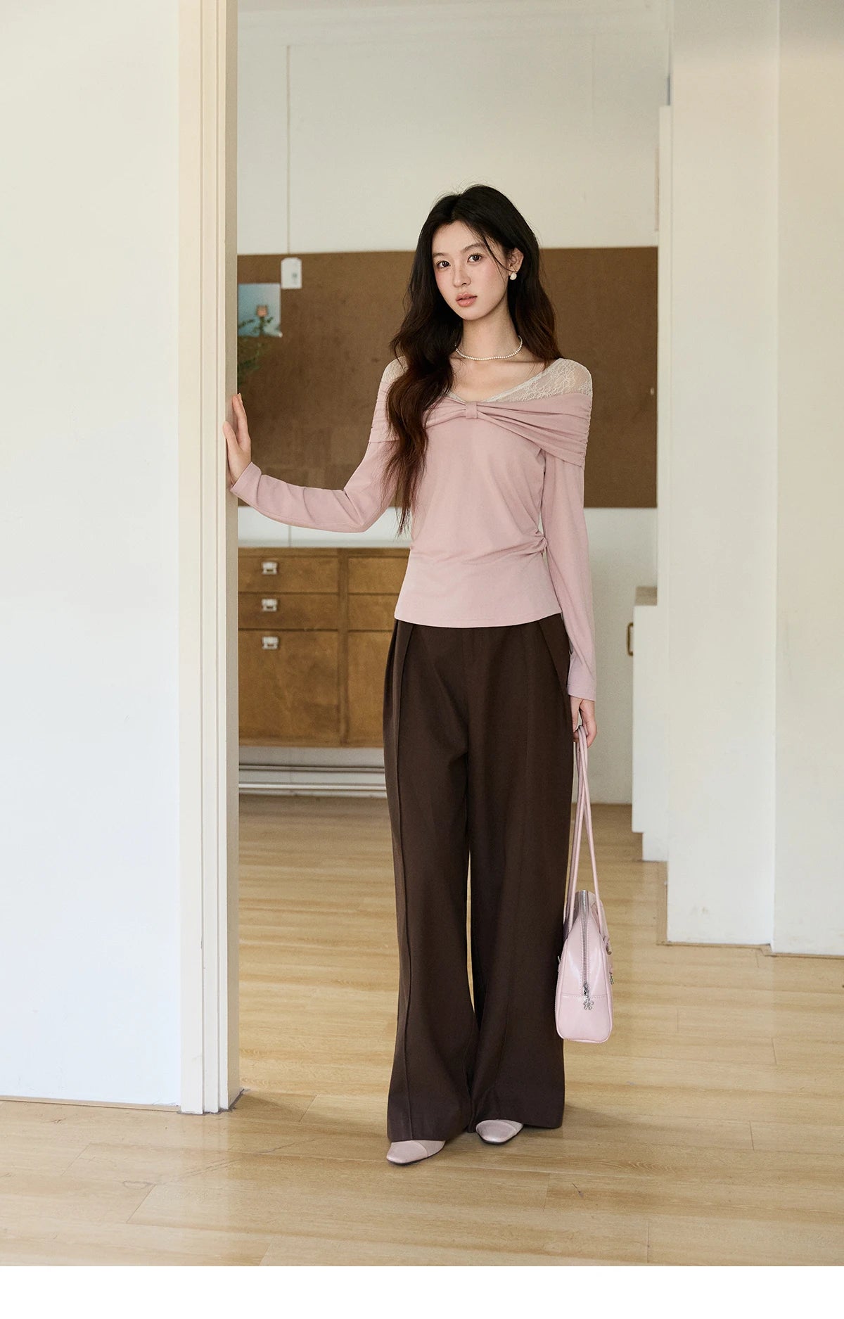 MISHOW Women's Lace Patchwork One Shoulder T-shirt 2026 Spring Twist Casual Slim Tees Sweet Pink Long Sleeve Tops MXF108Z1026