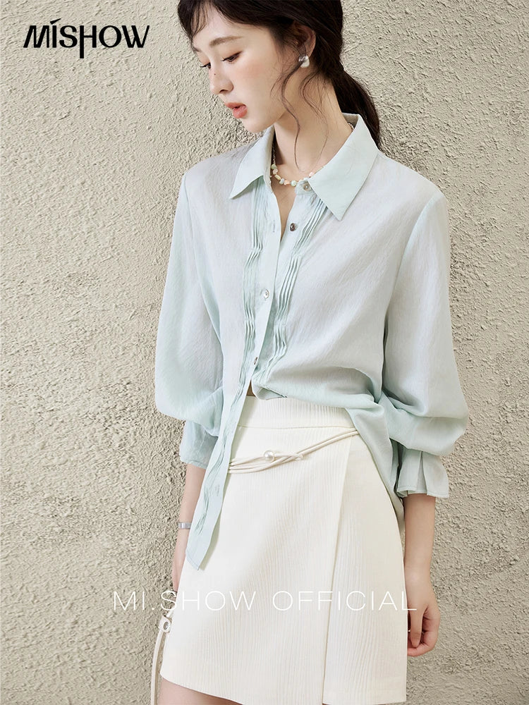 MISHOW Wave Striped Single Breasted Shirt for Women Spring 2025 Shell Buttons Solid Shirts Loose Commuter Outerwear MXE16C0422