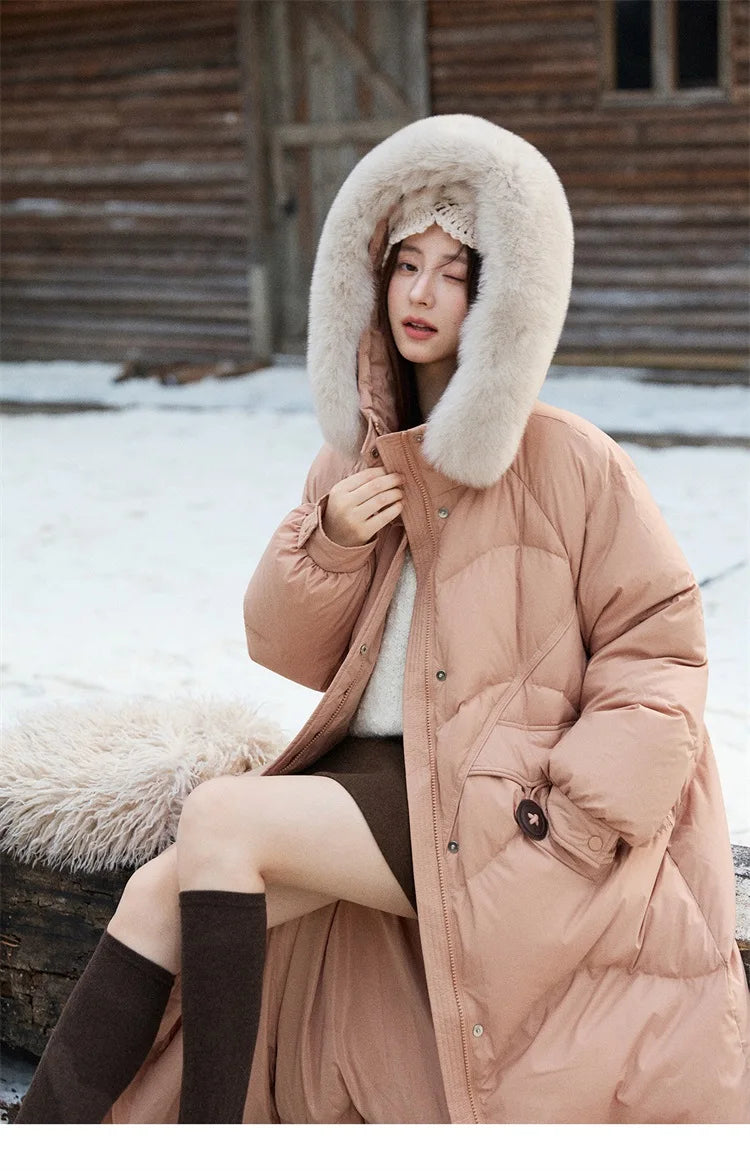 MISHOW Fox Fur Collar Down Jacket for Women 2025 Winter Fashion 90% White Duck Down Thickened Coat Warm Long Coat  MXE51Y0082