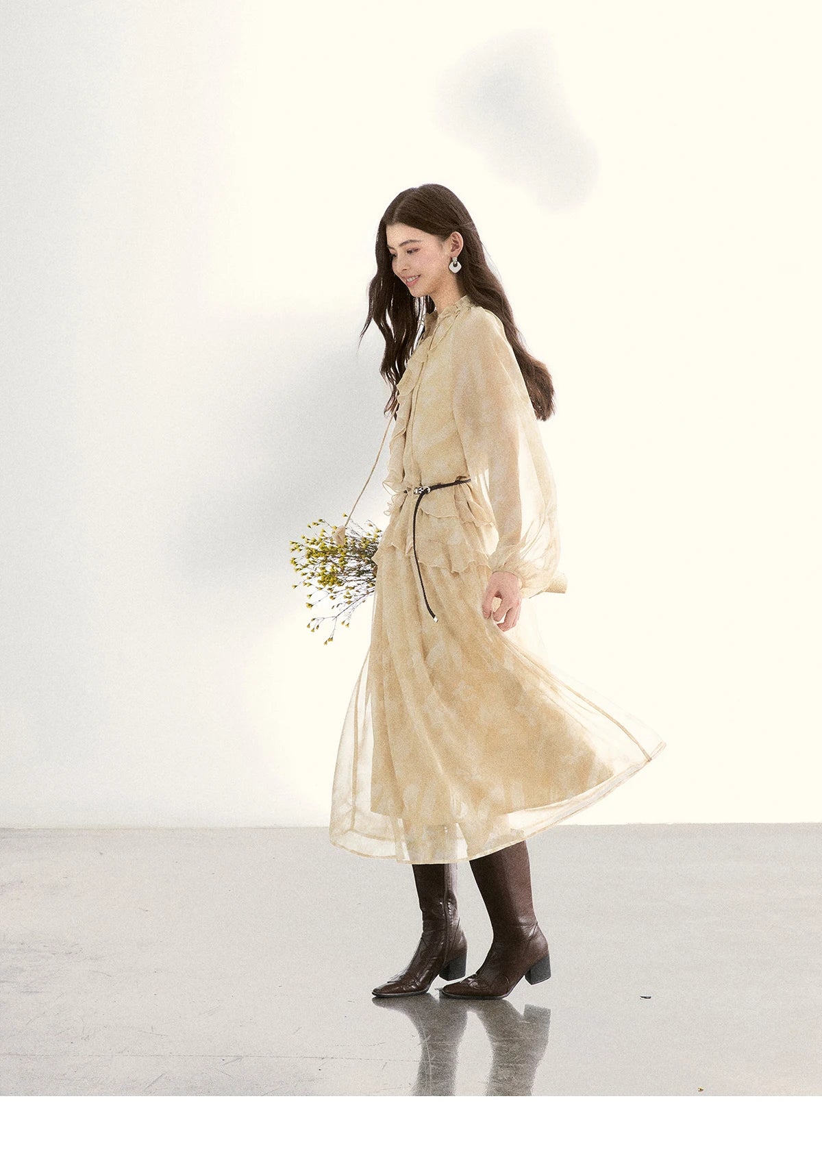 MISHOW Light Yellow Chiffon Maxi Dress 2026 Spring V-Neck Ruffled Belted Floral Print Casual Long Sleeve Dresses MXF11L2554