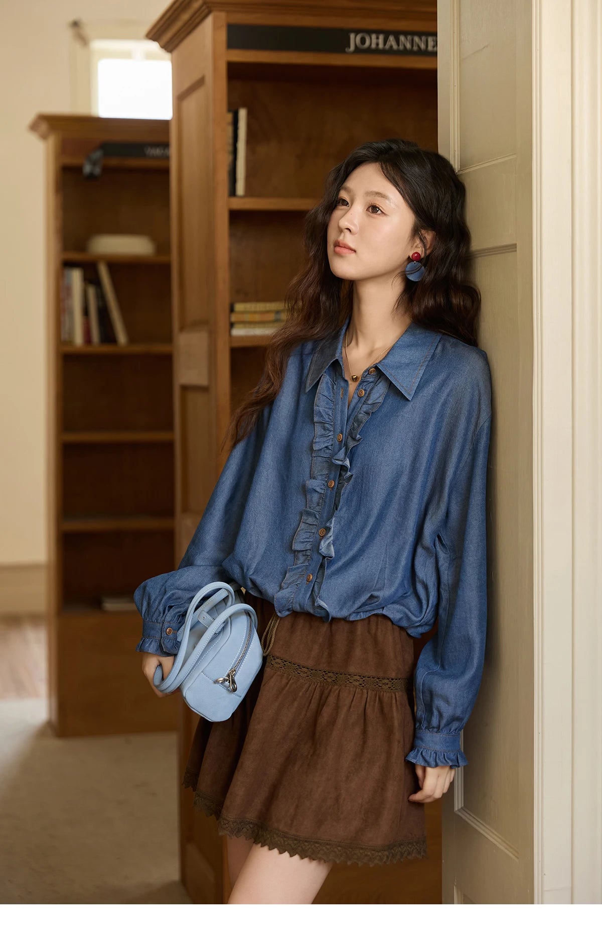 MISHOW Blue Lyocell Imitation Denim Shirt for Women Autumn 2025 Ruffled Placket Contrasting Button Waist Cinc Shirt MXE43C2386