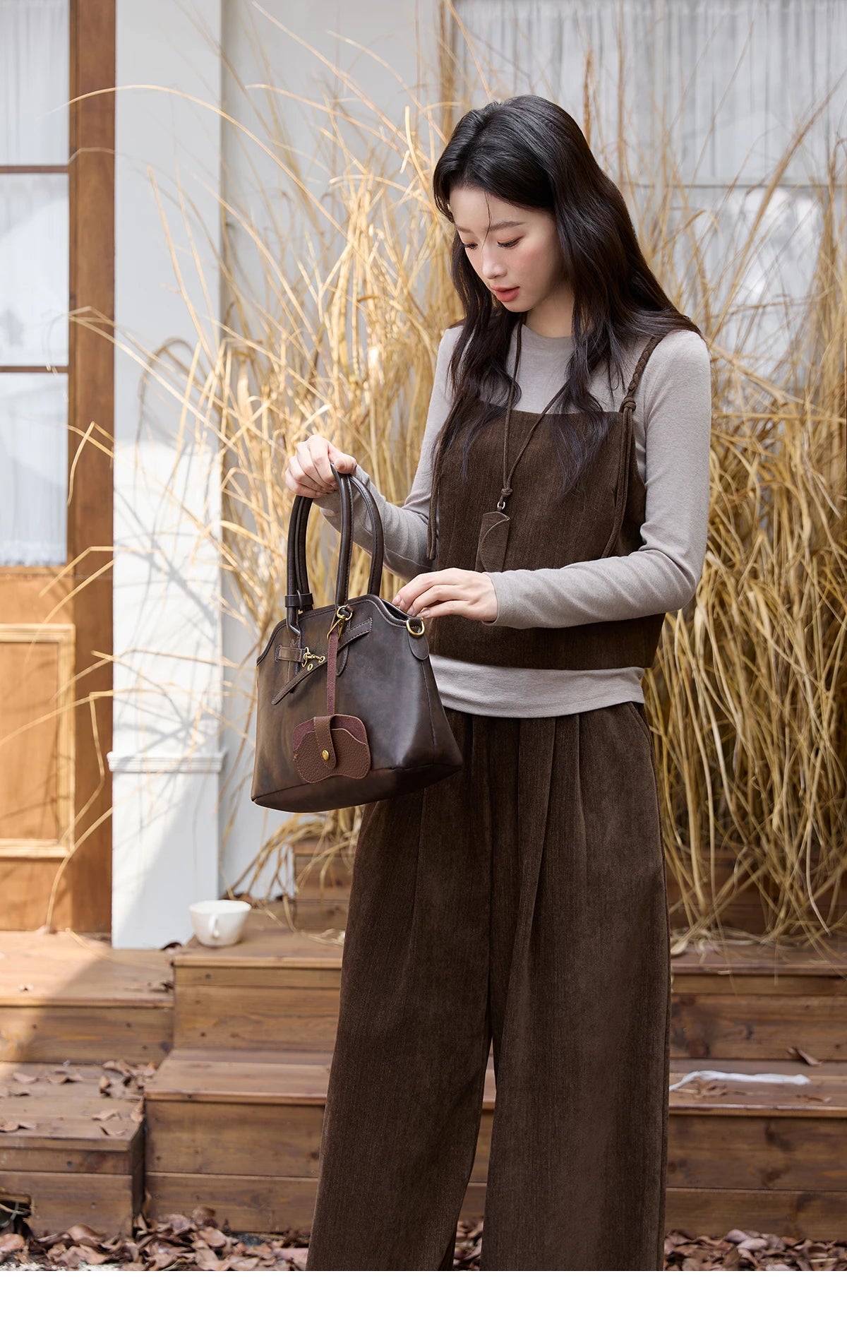 MISHOW Three-piece Suit Women 2025 Retro Brown Vest Wide-leg Pants Gray Long Sleeves Tops Autumn Women's Pants Set MXE49T1422