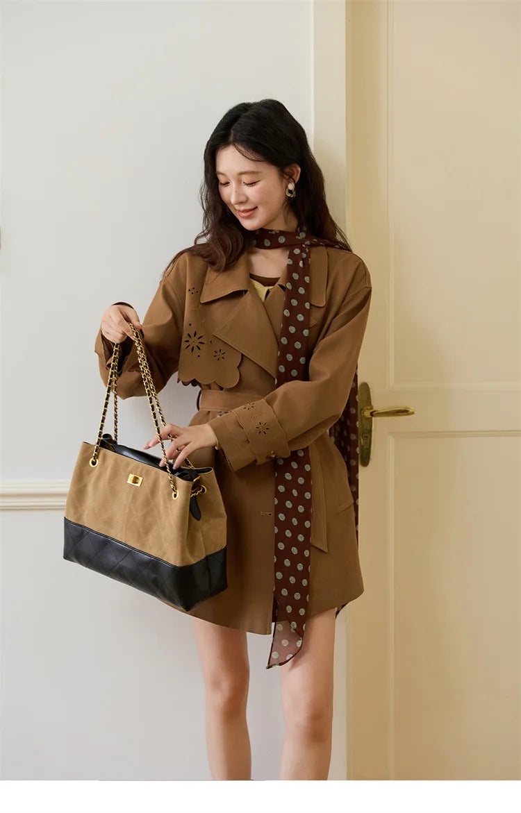MISHOW Hollow Flower Trench Coat for Women Autumn 2025 Double Breasted Retro Trench with Slant Pocket Belt Coats MXE46W0838