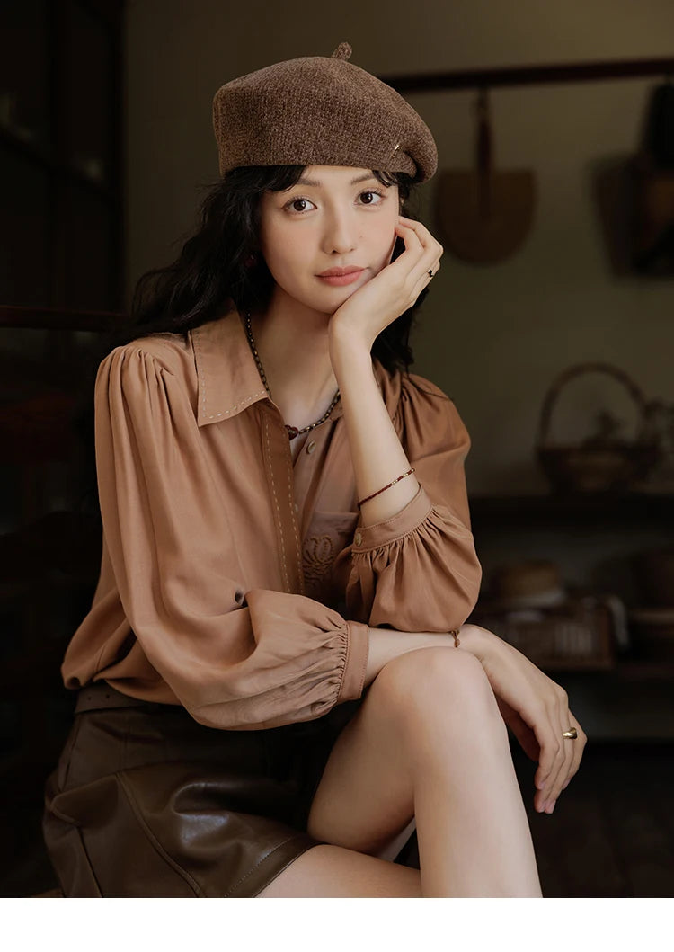 MISHOW Hong Kong Retro Solid Long Sleeve Shirt 2024 Autumn Temperament Loose Tops Lantern Sleeve Embroidery Shirts MXD41C0287