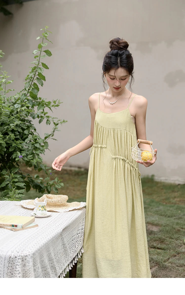 MISHOW Irregular Pleated Suspender Long Dress for Women 2025 Summer Olive Green Dress Loose Drawstring Waist Dresses MXD31L1928