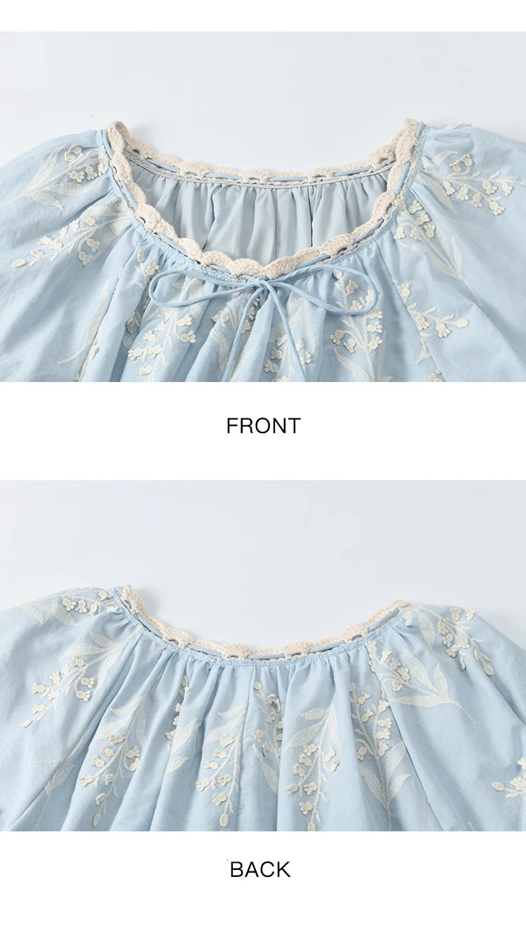 MISHOW Blue Pure Cotton Embroidered Blouses 2025 Summer Wave Edged O-neck Tops Contrasting Lace Up Loose Doll Blouses MXE35X1791