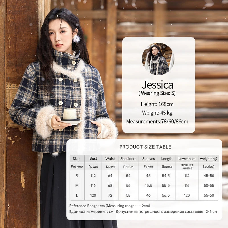 Mishow Vintage Plaid Fur Collar Stand Collar Jacket MXD36W0503