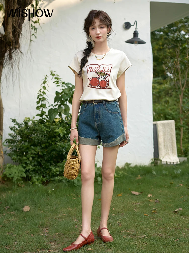 MISHOW Denim Shorts Cotton Elastic for Women 2024 Summer Korean High Waist Curled Edge Pants Casual Slim Short Pants MXD30K0659