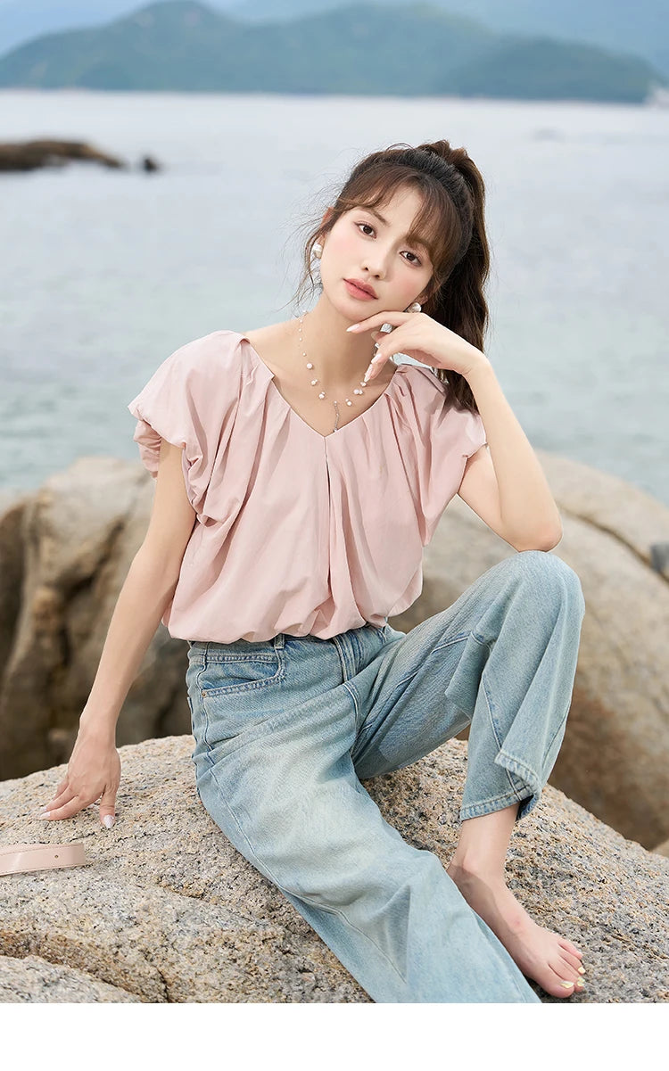 MISHOW Soft Blouses for Women 2025 Summer French Rear Collar Tie Up Solid Short Sleeve Solid V Neck Puff Sleeve Tops MXC38X1275