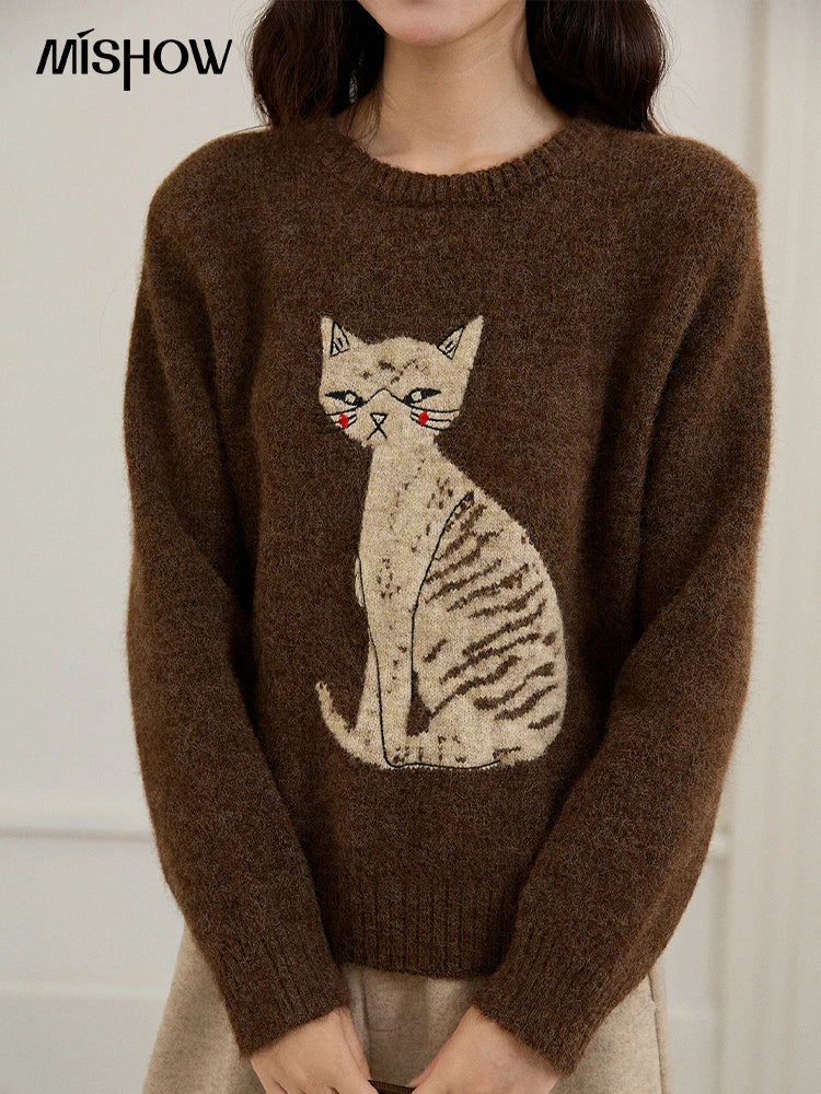 MISHOW Women's Brown Knitted Sweater 2025 Autumn Winter Cat Pattern Jacquard Crew Neck Sweaters Loose Pullover Tops MXE94Z2991