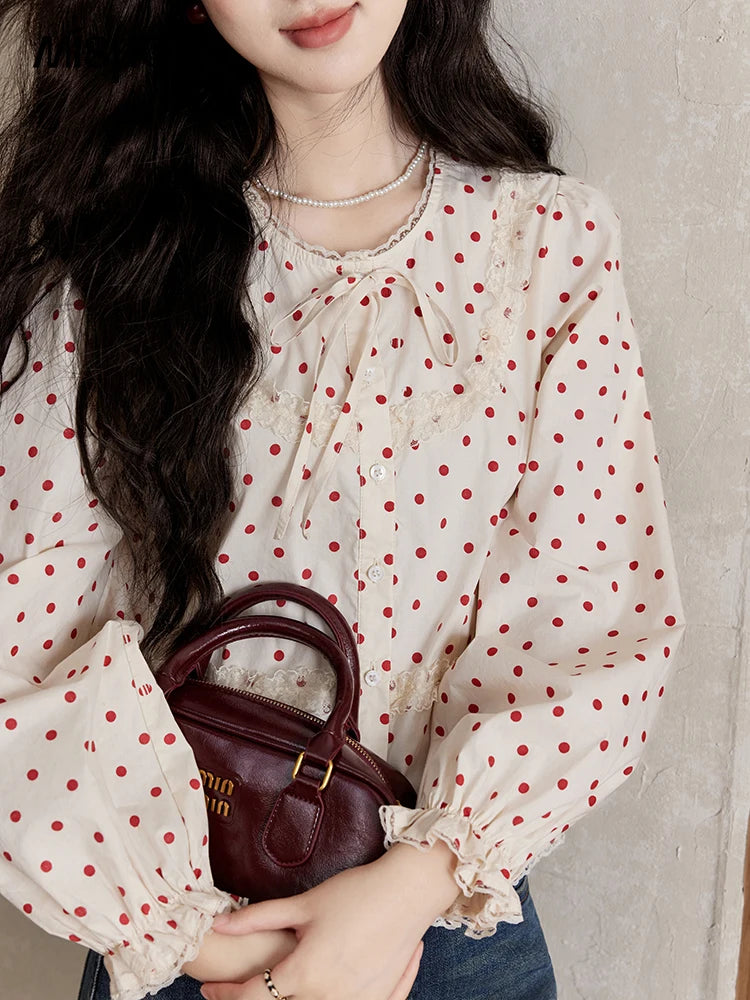 MISHOW Lace Up Polka Dot Round Neck Lace Shirt for Women Autumn 2024 Thin Sweets Shirt Elastic Petal Cuffs Chic Top MXD44X1667
