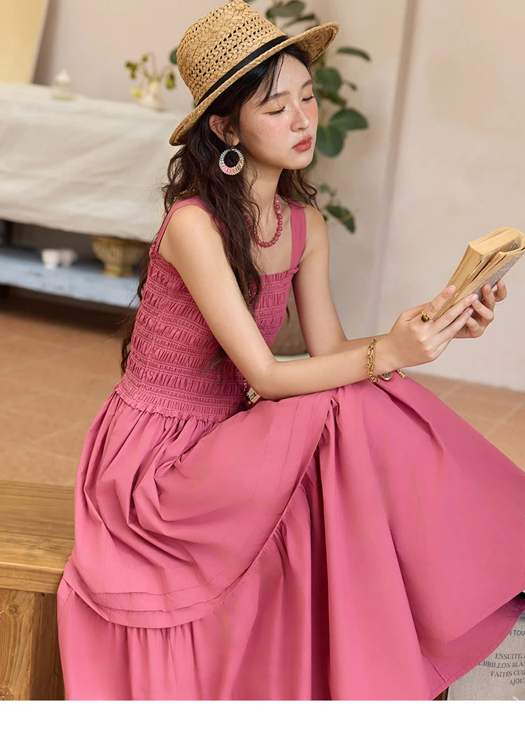 MISHOW Sling Square Collar Dress for Women 2025 Summer High Waist Pocket Fashion A-line Long Dress Ladies Clothing MXE36L2319
