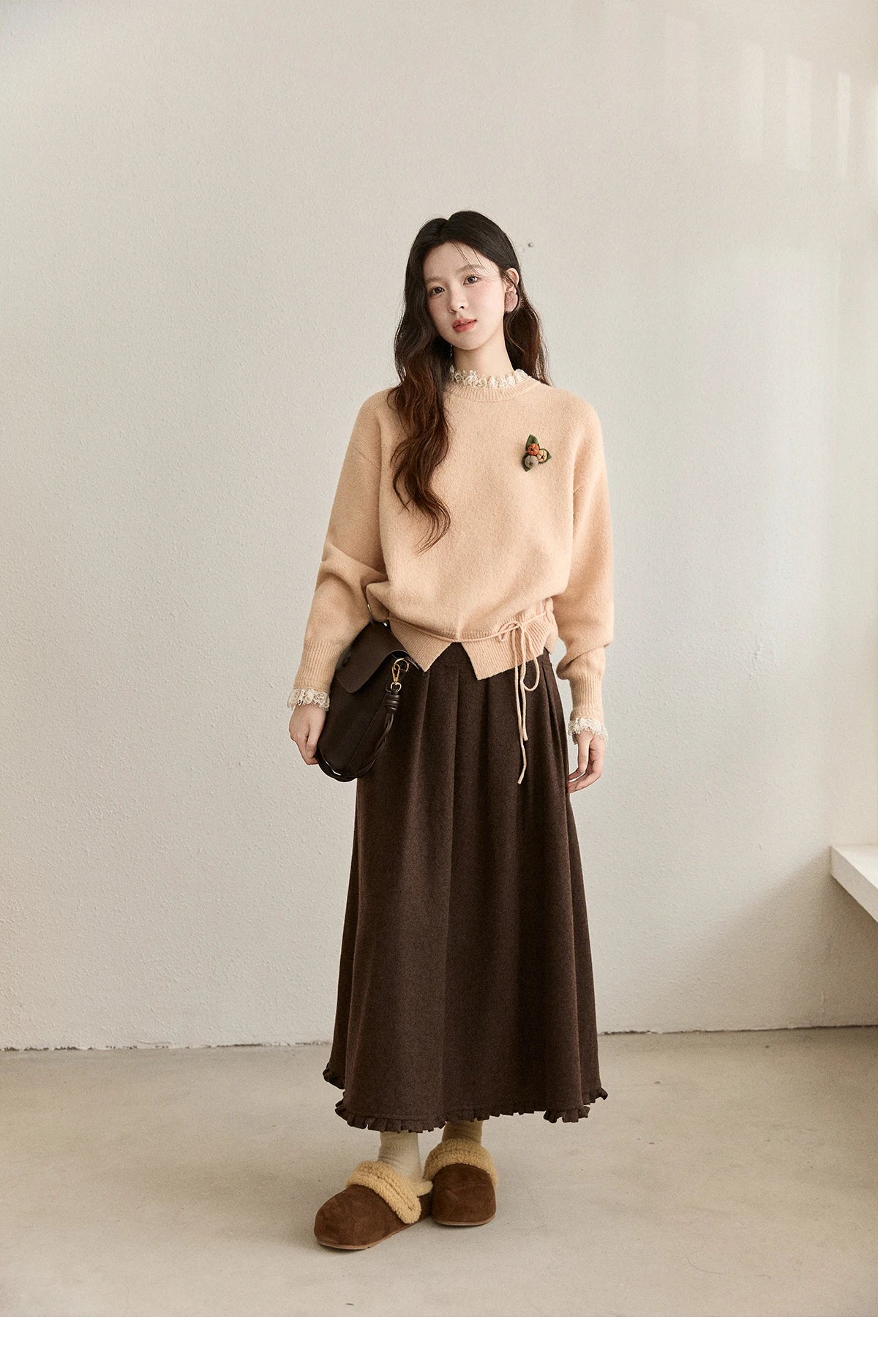 MISHOW Lace Trim Knitted Sweater Midi Skirt Set 2025 Winter Non Removable Brooch Decor Sweater Back Split Skirt Sets MXE92T1450